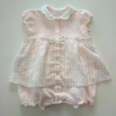 美品★80cm bebe ピンク×シアー花柄 半袖ロンパース