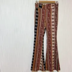 ボヘミアン風マルチカラーフレアパンツ エスニック柄ペイズリー柄 花柄 ストライプ