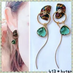 413＊フラワーエメラルドグリーンとリングのロングピアス