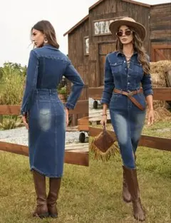 デニムドレス ミディ丈 スリムフィット