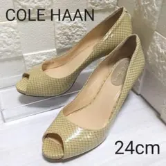 ✳️コールハーン 24cm イエローベージュ パイソン柄 オープントゥ パンプス
