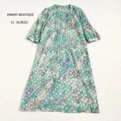エマイリーブティック 花柄ワンピース 七部袖 花柄ドット柄 XL相当 緑系