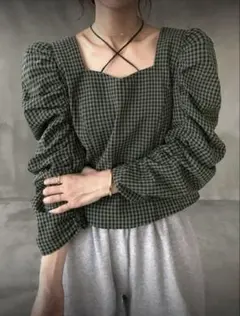 ❤️SHEIN❤️グリーンチェック パフスリーブ トップス新品