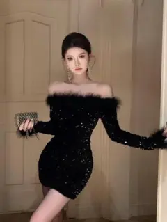 韓国♡大人セクシー❤️タイトミニドレス　オフショルダー✨ふわふわファー パーティ
