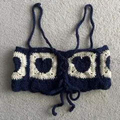 ハート模様のかぎ針編みクロップドトップ ビスチェ キャミソール ベスト 一点物