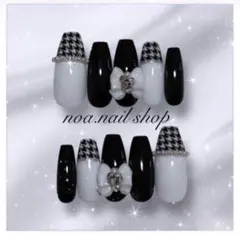ネイルチップ　ワンホン　韓国　千鳥柄　リボン