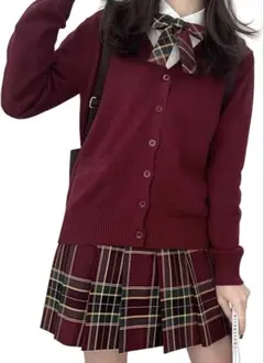 スクールカーディガン レディース Mサイズ 制服 Vネック ニット ワインレッド