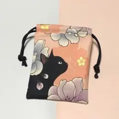 牡丹と黒猫さん♪ハンドメイド＊ミニ巾着袋♪ミニ巾着ポーチ♪