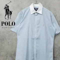 古着 90s ポロ ラルフローレン 刺繍 チェック シャツ ブルー×ホワイト