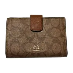 【美品】COACH コーチ 二折り財布 シグネチャー ブラウンxキャメル 美品