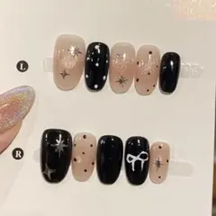 ネイルチップ ブラック ベージュ 星 リボン sサイズ 10個セット