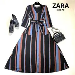 ZARA ザラ　ロングワンピース　ワンピース　ストライプ　XSサイズ　ブラック