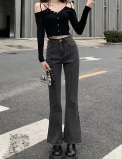 レディース パンツ フレアデニム ブラック デニム ジーパン
