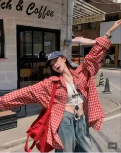 チェック柄 長袖シャツ レッド系 SHEIN