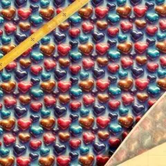 D58　3D立体プリント生地 ハート柄 エナメル水色ハート ポリコットン輸入生地