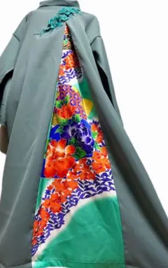 新品未使用✨振袖　着物リメイク　ワンピース　作家様ハンドメイド錆浅葱×金箔扇牡丹