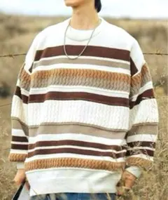 【匿名配送】ベージュとブラウンのストライプニットセーター Mサイズ