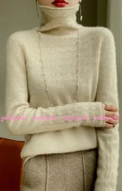 M 柔らかカシミヤ90％襟袖立体編み暖かタートルネックニット♪ベージュM