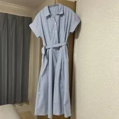 青と白のストライプ シャツワンピース 半袖 ベルト付き