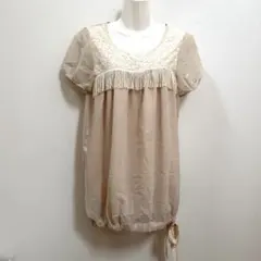 シフォンチュニック レース＆フリンジ＆リボンチュニック 半袖ブラウス