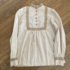 vintageアイボリー 長袖シャツ レース装飾　70s