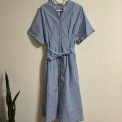 最終値下げ　青と白のストライプ 半袖シャツワンピース 42/LL