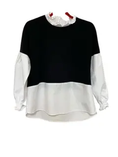 ZARA ザラ　フリル付き黒白長袖トップス　ブラウス　カットソー