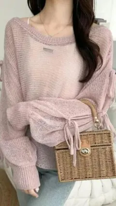 mily bilet 透かし編み袖リボンラメニット(ワンオフショル2way)