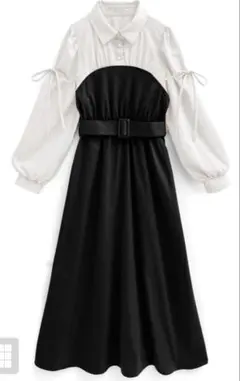 ベルト付きシャツドッキングリボンワンピース