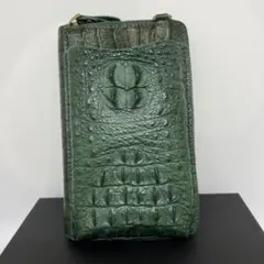 新品携帯ケース付きクロコダイルの前ポケットと型押しレザーグリーンショルダーバッグ