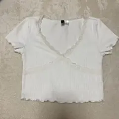 H&M DIVIDED レーストリム リブTシャツ ホワイト XS