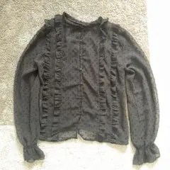 ダークグレー フリル付きシースルーブラウス