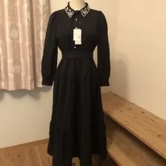 toccoタグ付きウエストりぼん付きパールビジュー装飾ティアードシャツワンピース