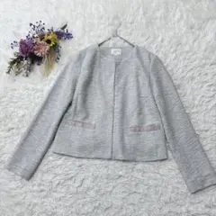 grove　長袖ノーカラーツイードジャケット　セレモニー　ライトグレー　薄紫　Ｌ