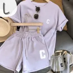 パープル L セットアップ ルームウェア半袖 ショートパンツ 韓国 シンプル