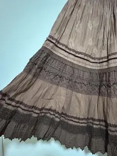 ブラウン レース付き ロングフレアスカート　森ガール　フェアリーグランジ