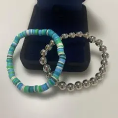 【F3】カラフルストライプとメタリックビーズのブレスレットセット