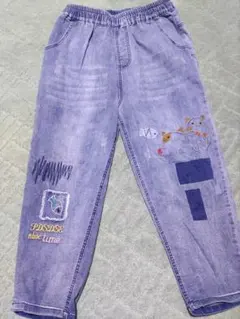 薄紫猫刺繍デザインデニムパンツ M-L