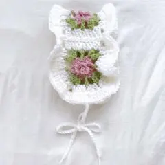 手編み フリル付き薔薇ヘッドドレス ボンネット バブーシュカ ピンク×ホワイト