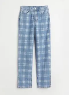 H&M ストレートパンツ デニム レディース チェック ウエスト引き締め 青