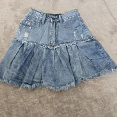 デニムフリンジフレアミニスカート