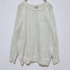 ケーブルニット 白 M 春ニット レディース アイボリー ポケット付き　シンプル