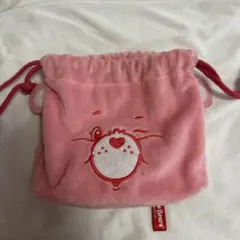 ケアベア　ふわふわ　フェイス巾着　ピンク
