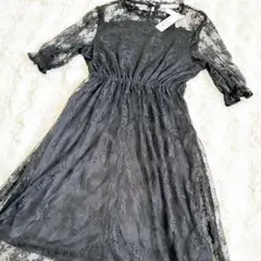 【新品】SHEENA DEL RAY 総レース 半袖ワンピース 黒 Mのサムネイル