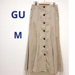GUベージュ フレアスカート 前面ボタン Mコーデュロイ ウエスト後ろゴム