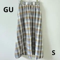 GU ジーユー チェック柄 フレアロングスカート グレー ベージュ 後ろゴム Sのサムネイル