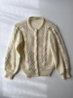Vintage レディースモヘアカーディガン 異素材MIX クリーム色 古着