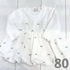 petit mainリボン刺繍 ホワイトロンパース 80cm