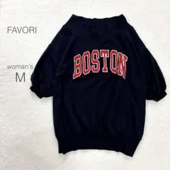 ファヴォリ トレーナー 半袖 スウェット モックネック 薄手 紺 ビックロゴ M