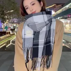 タータンチェック柄 マフラー ブラック ホワイト 白黒 かわいい 大判ストール